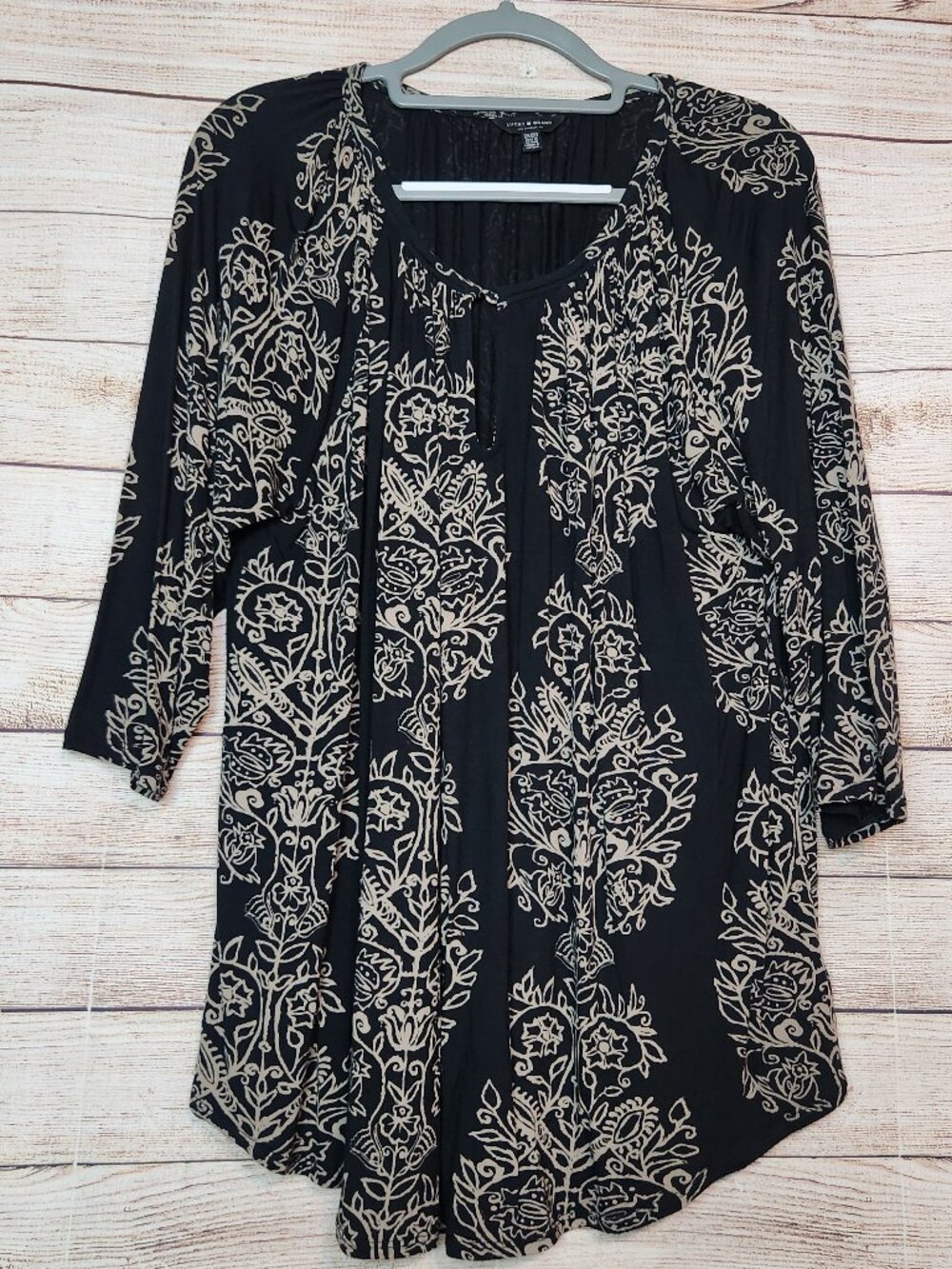 LUCKY BRAND Black Brown Khaki Floral Button Front Peasant Tunic Top Size 2X